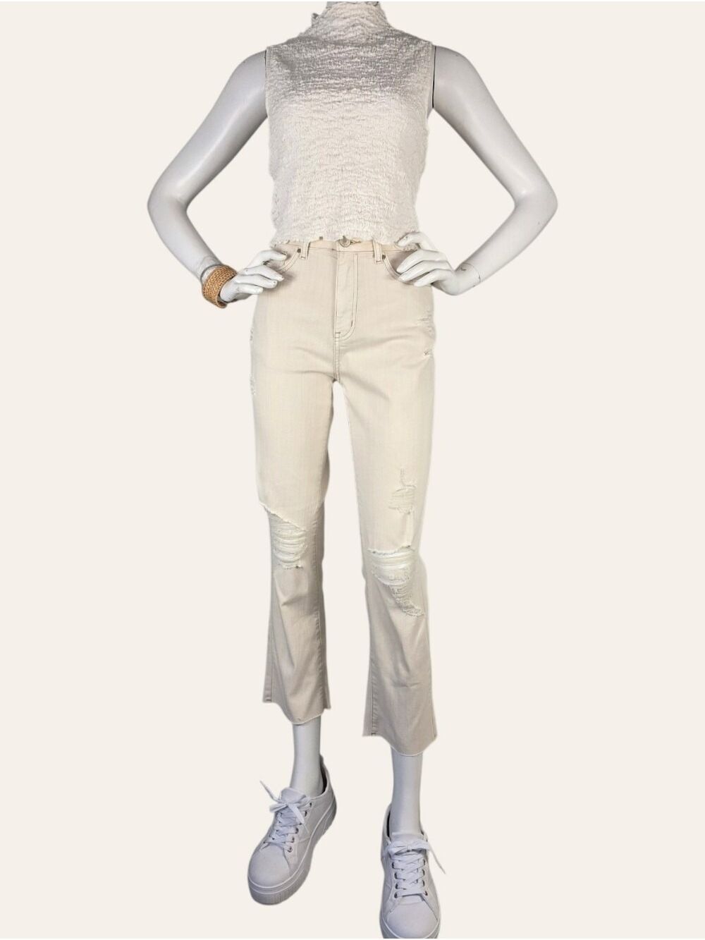 Grace & Lace Cream Distressed Cropped Jeans Raw Hem Size 2 NWT